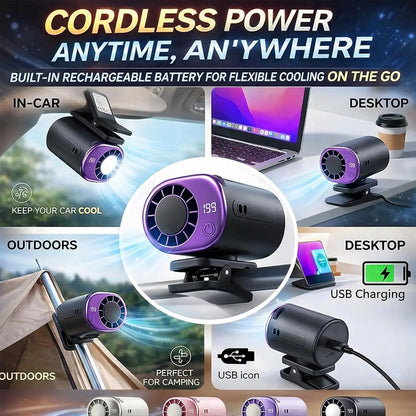 2026 New Car Clip On Air Conditioner Fan with LED Display - 360° Rotation, Portable Mini Cooling System for Auto Vehicle USB Rechargeable, 199 Speeds Adjustable, 16℃ Semi-Cooling Wide Clamp