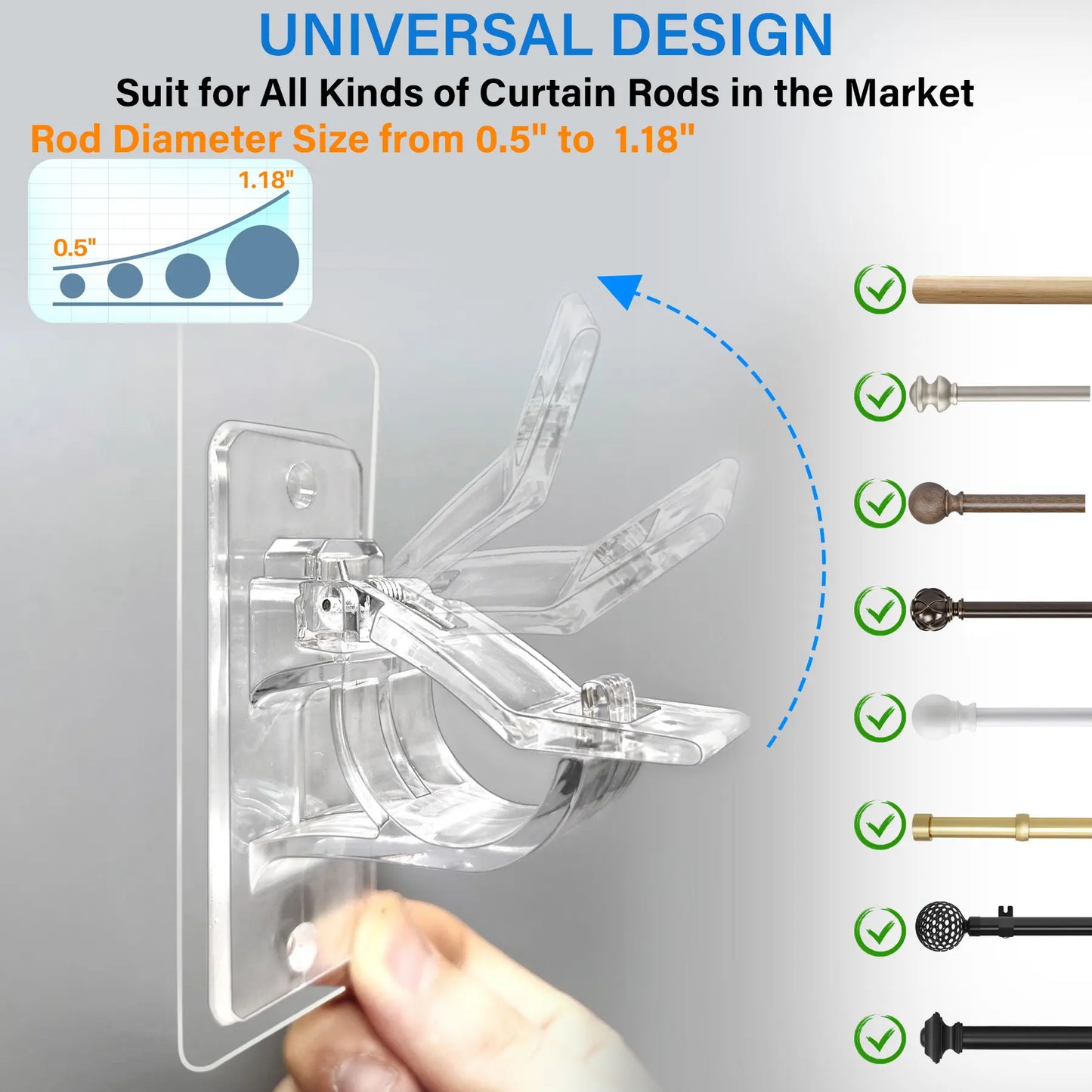 6-Pack No Drill Needed Curtain Rod Holders Brackets, Self Adhesive Rod Holder Hooks, Multipurpose Nail Free Stick on Curtain Rod Hooks Decor Bathroom