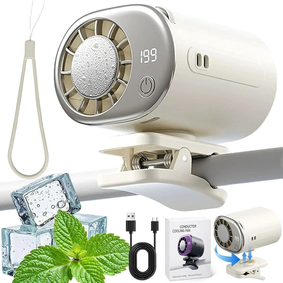2026 New Car Clip On Air Conditioner Fan with LED Display - 360° Rotation, Portable Mini Cooling System for Auto Vehicle USB Rechargeable, 199 Speeds Adjustable, 16℃ Semi-Cooling Wide Clamp